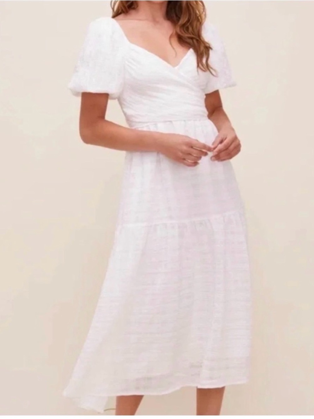 ASTR the Label Puff Sleeve White Wrap Front Midi Dress - Sz S
